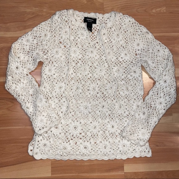 EXPRESS Handknit Open Knit Cream Ivory  granny chic Crochet Wool  Sweater Small - Picture 10 of 13